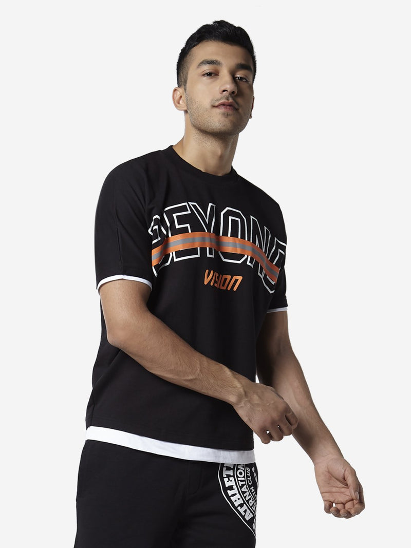 Studiofit Black Slim Fit Text Print T-Shirt