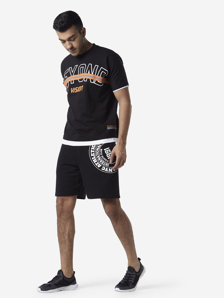 Studiofit Black Slim Fit Text Print T-Shirt