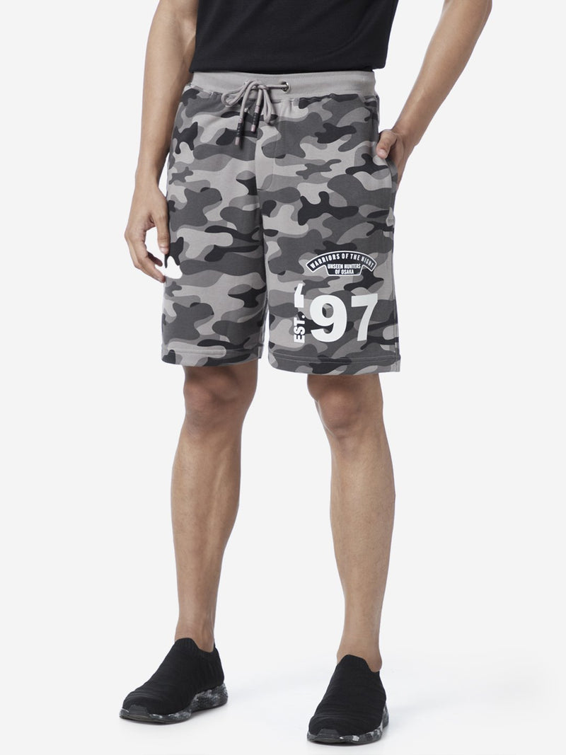 Studiofit Grey Slim Fit Camouflage Print Shorts