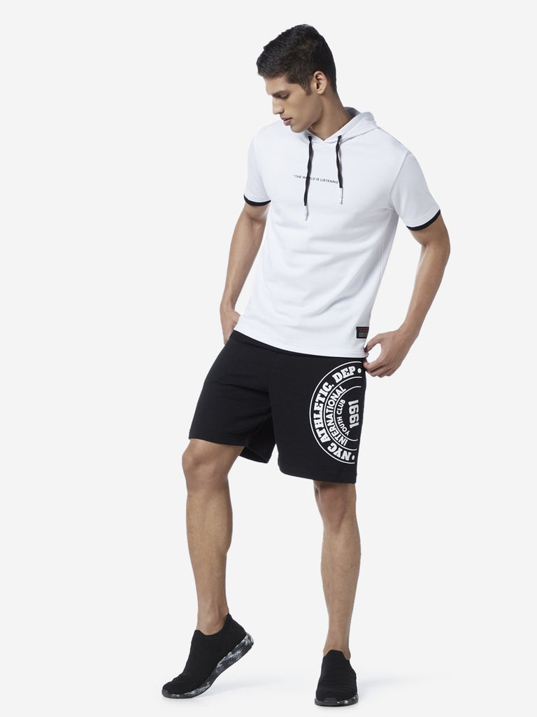 Studiofit Black Slim Fit Text Pattern Shorts