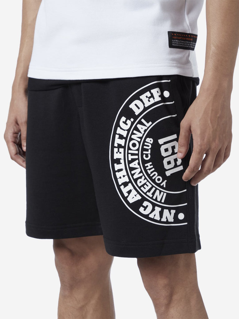 Studiofit Black Slim Fit Text Pattern Shorts