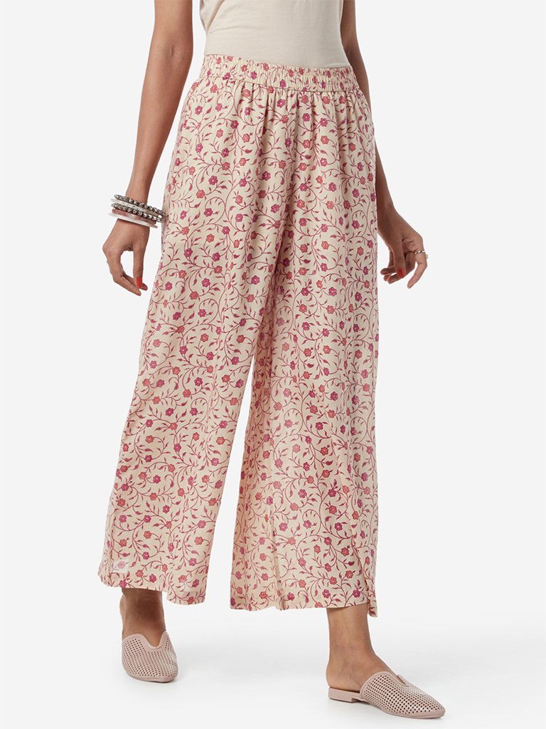 Zuba Beige And Pink Floral Print Palazzos