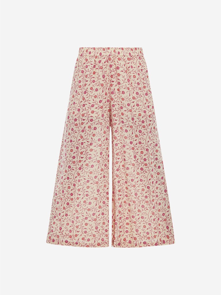 Zuba Beige And Pink Floral Print Palazzos