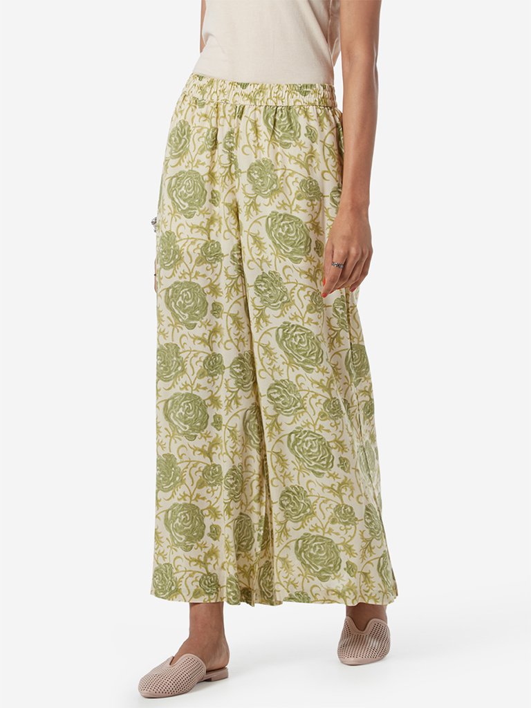 Zuba Beige And Green Floral Flared Palazzos
