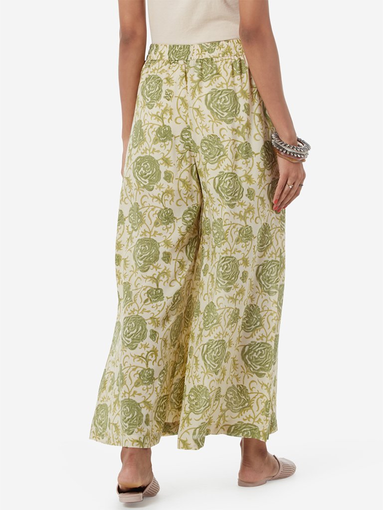 Zuba Beige And Green Floral Flared Palazzos