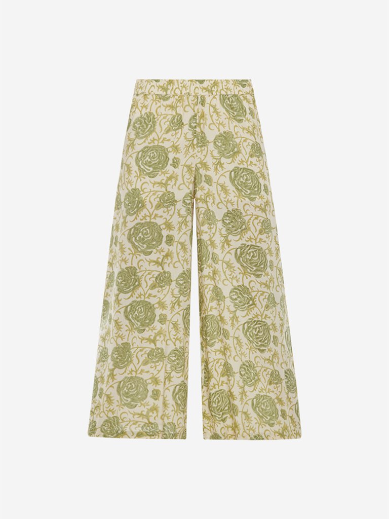 Zuba Beige And Green Floral Flared Palazzos