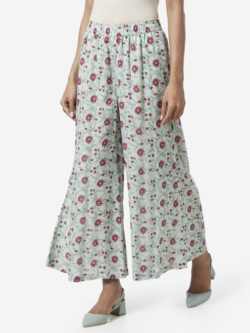 Zuba Mint-Green Floral Print Palazzos