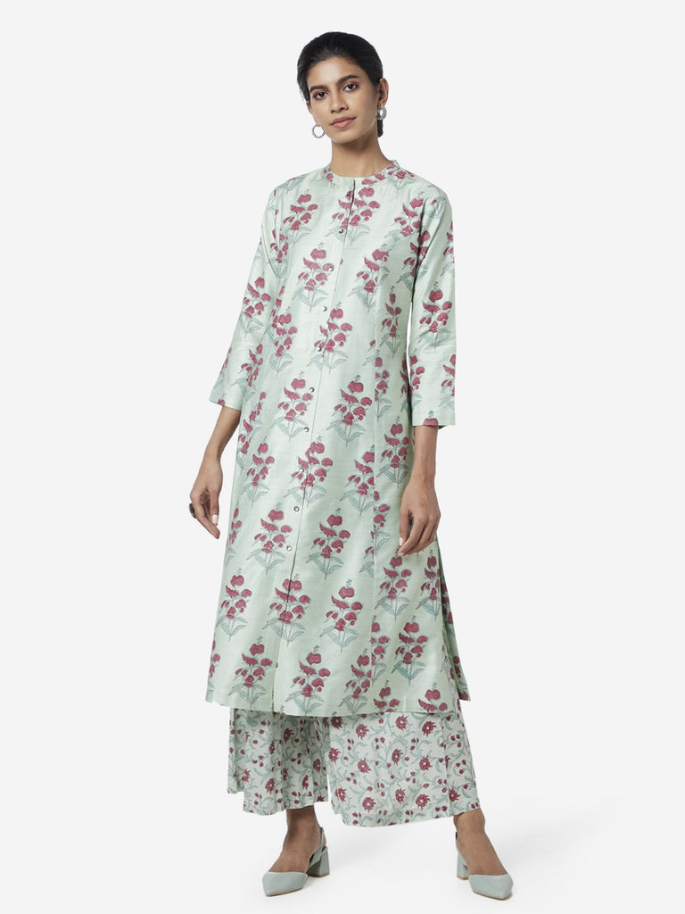 Zuba Mint-Green Floral Print Palazzos