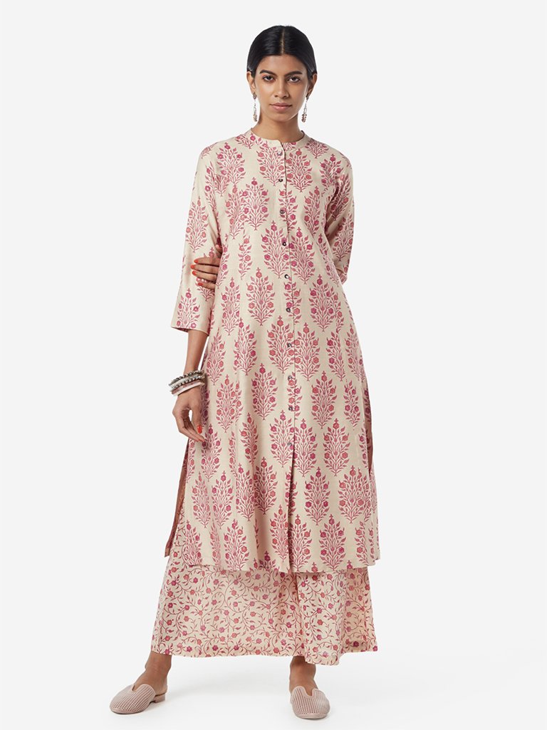 Zuba Beige And Pink Silk-Blend A-line Kurta