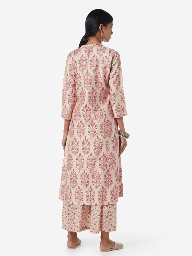 Zuba Beige And Pink Silk-Blend A-line Kurta