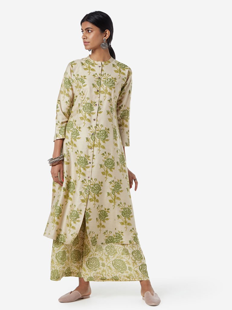 Zuba Beige And Green Floral Print A-line Kurta