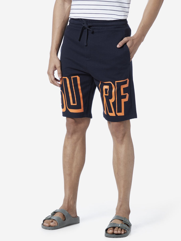 WES Lounge Navy Relaxed Fit Text Design Shorts