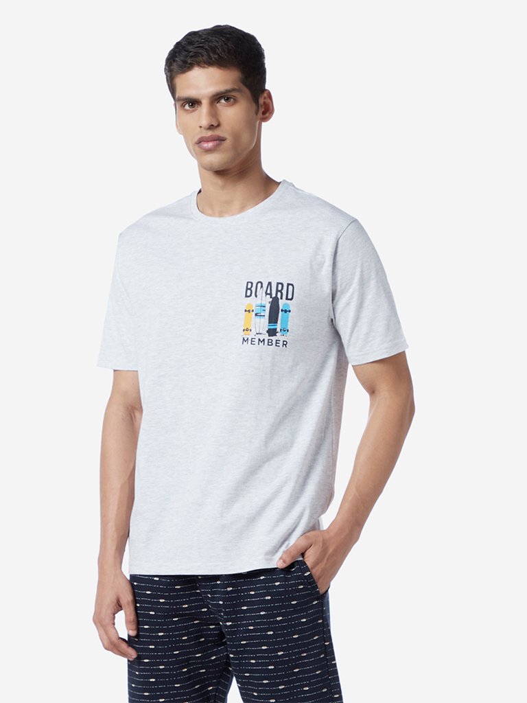 WES Lounge Grey Relaxed Fit Text Pattern T-Shirt