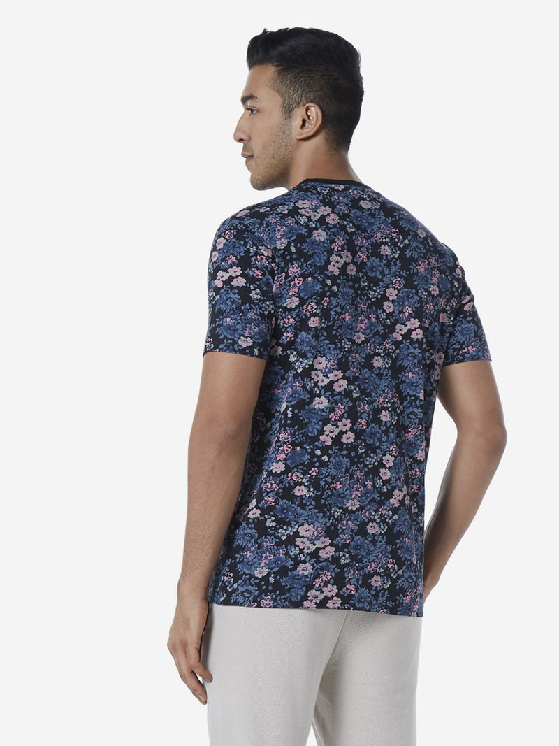 ETA Navy Slim Fit Floral Printed T-Shirt