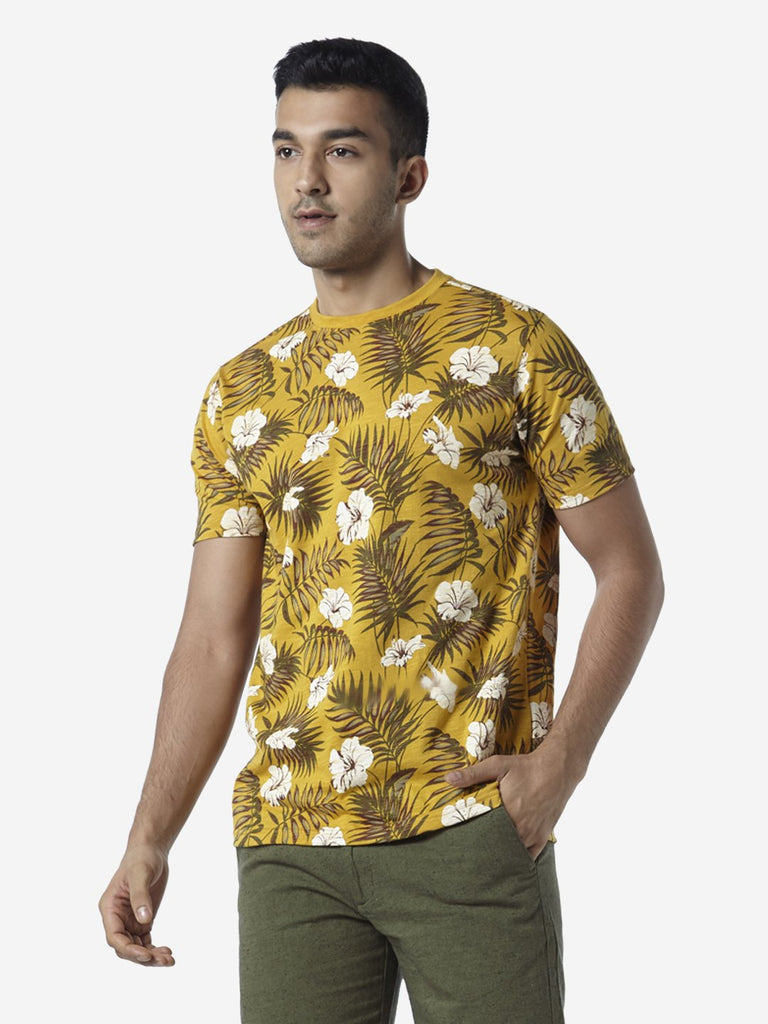 ETA Yellow Slim Fit Leaf Print T-Shirt