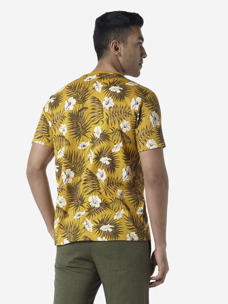 ETA Yellow Slim Fit Leaf Print T-Shirt