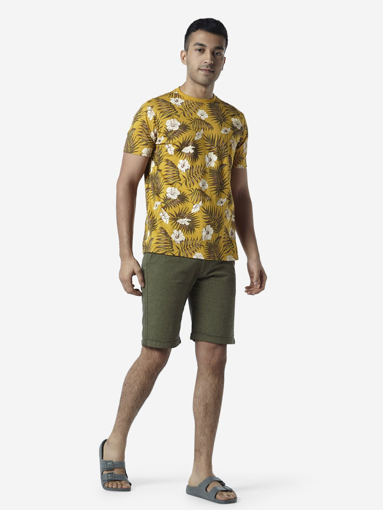 ETA Yellow Slim Fit Leaf Print T-Shirt