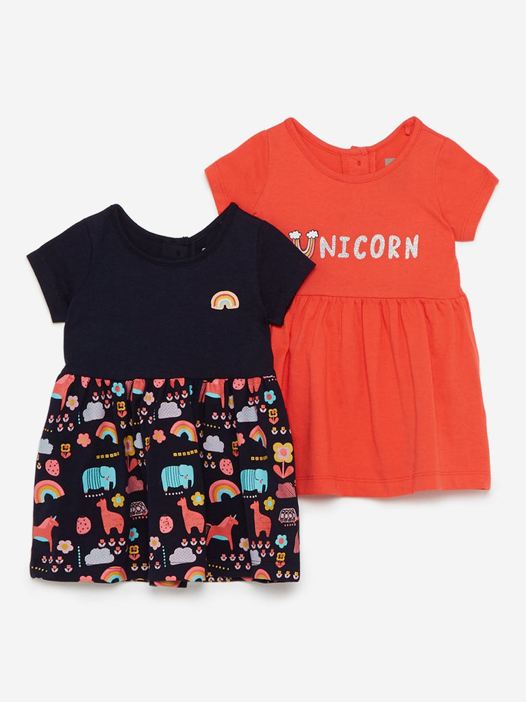 Baby HOP Orange Printed Dress Set Of Two