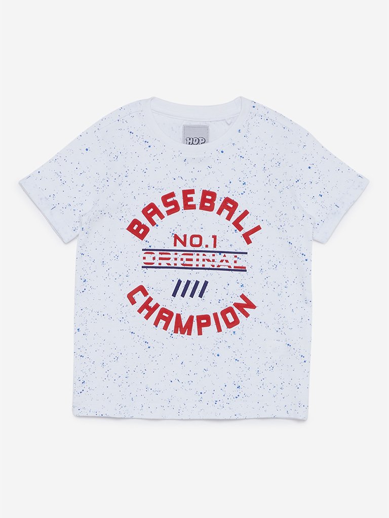 HOP Kids White Baseball Print Cotton T-Shirt