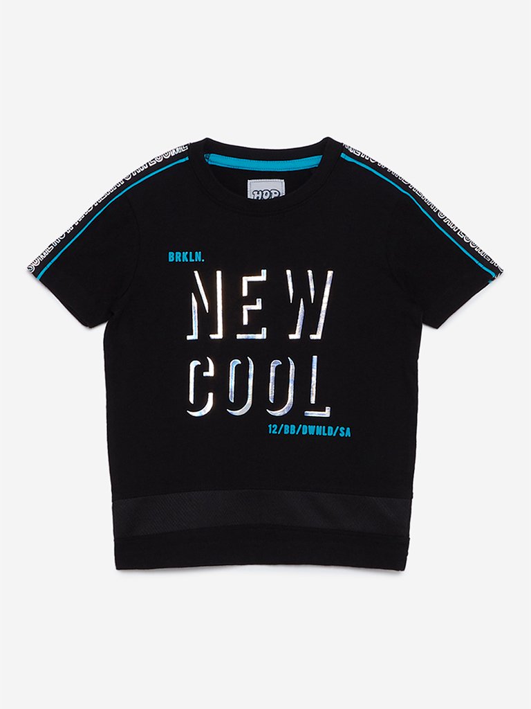 HOP Kids Black Holographic Text Print T-Shirt