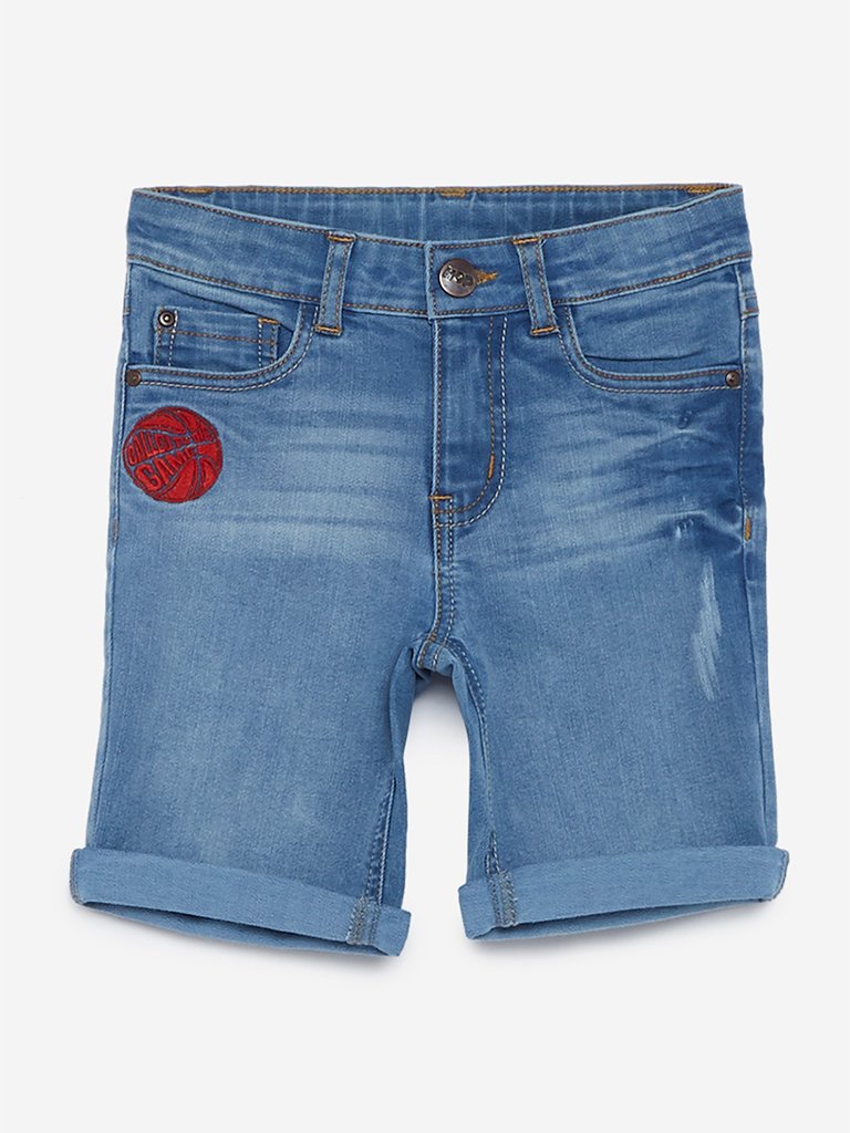 HOP Kids Light-Blue Embroidered Nexus Shorts