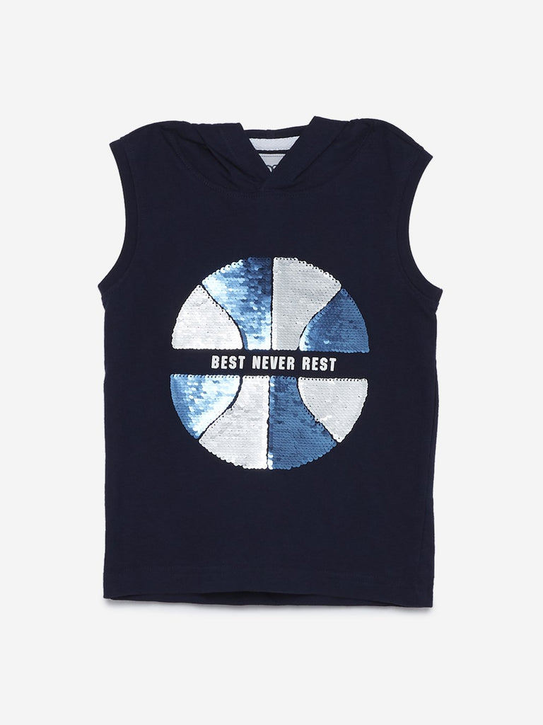 HOP Kids Navy Hooded Text Pattern T-Shirt