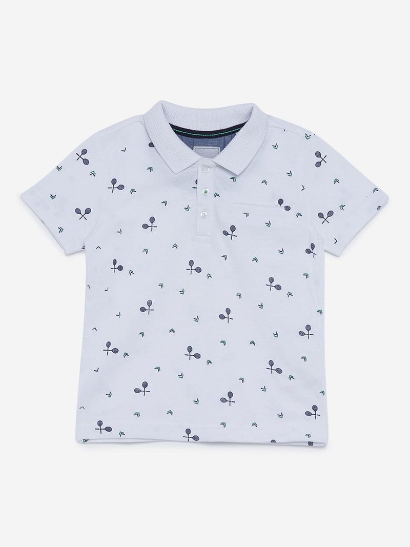 HOP Kids White Racquet Print Polo T-Shirt