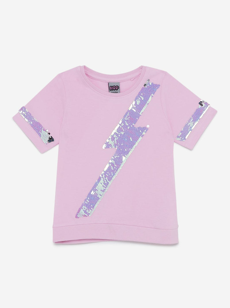 HOP Kids Light Pink Sequinned T-Shirt
