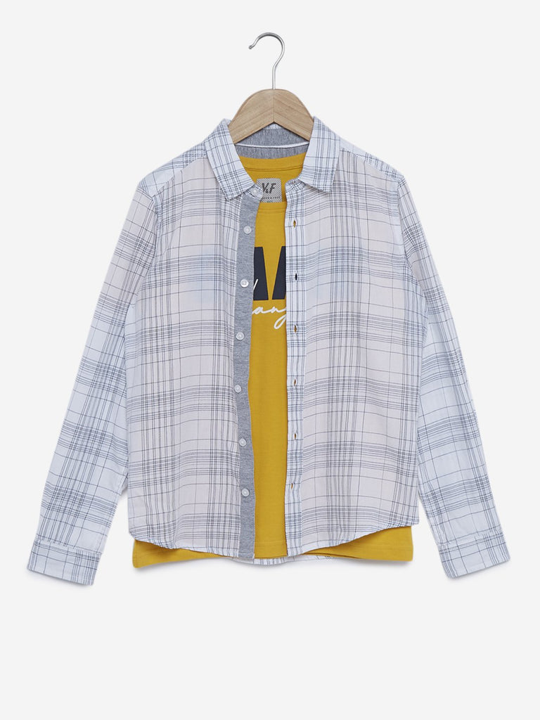 Y&F Kids White Checkered Shirt And T-Shirt Set