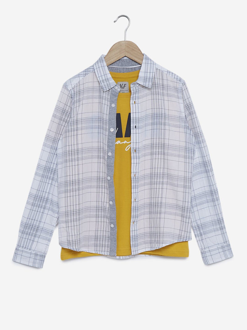 Y&F Kids White Checkered Shirt And T-Shirt Set