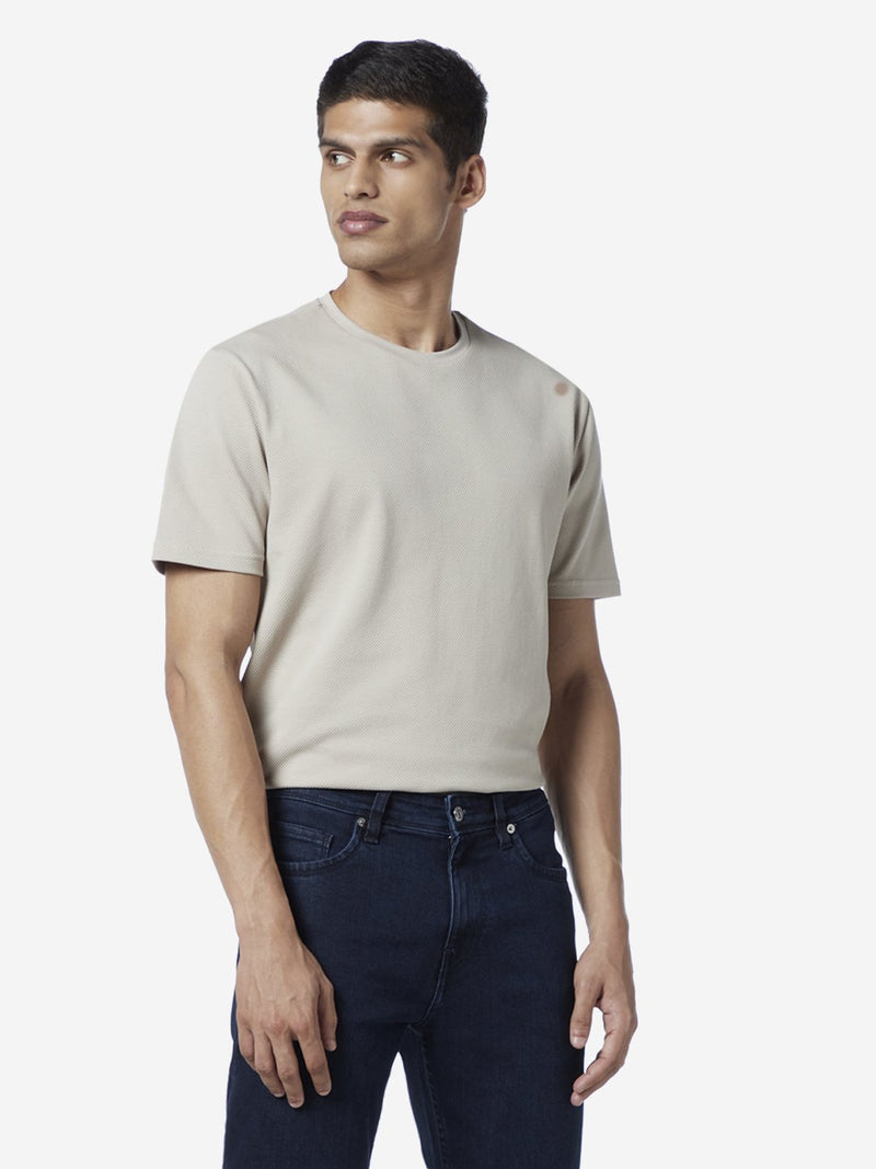 Ascot Taupe Self-Textured Slim Fit T-shirt