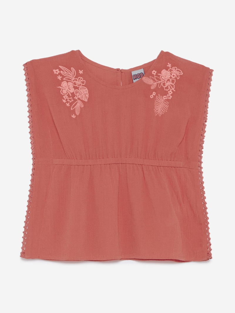 HOP Kids Orange Floral Embroidered Top