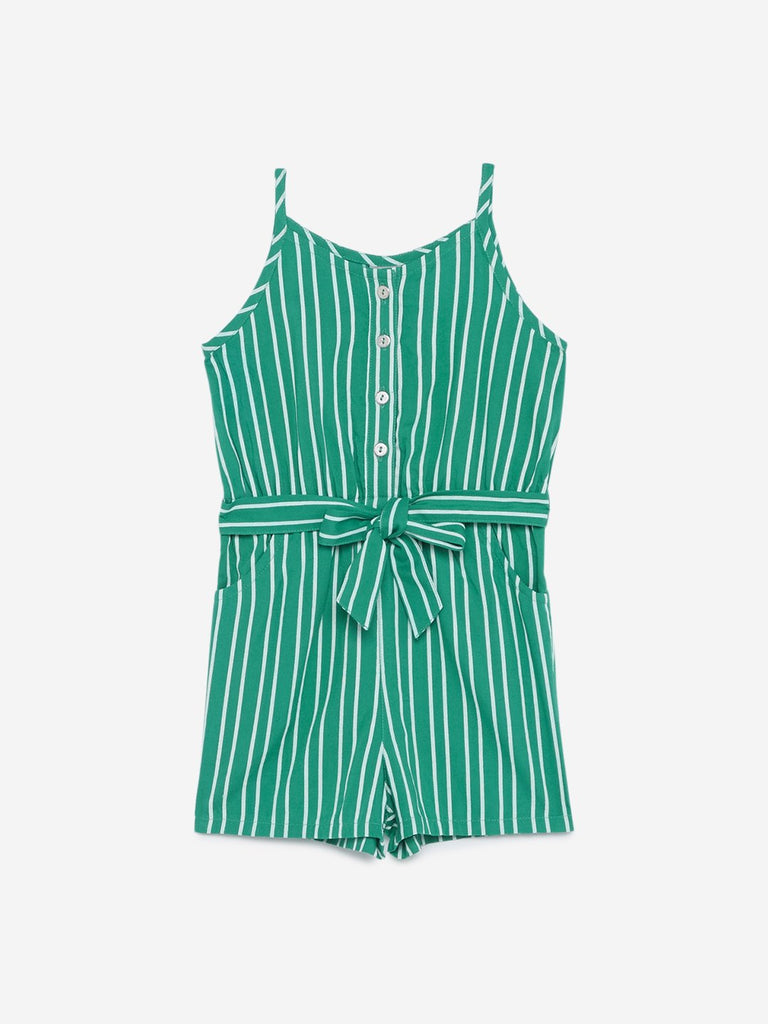 HOP Kids Green Striped Jumpsuit With Belt