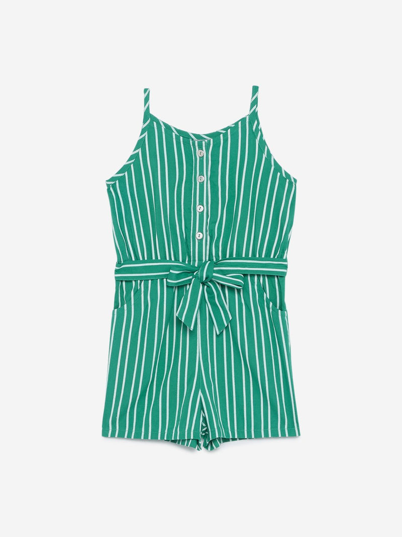 HOP Kids Green Striped Jumpsuit With Belt
