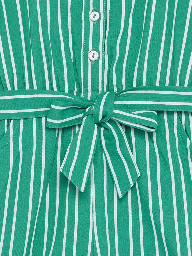 HOP Kids Green Striped Jumpsuit With Belt