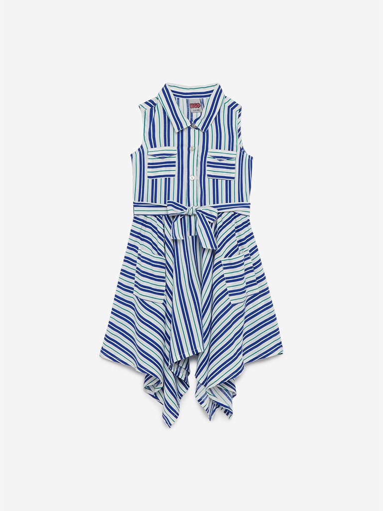 HOP Kids Blue Striped Zaima Dress With Belt