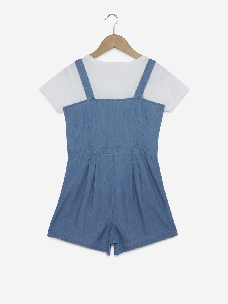 Y&F Kids Blue Dungarees And White T-Shirt Set