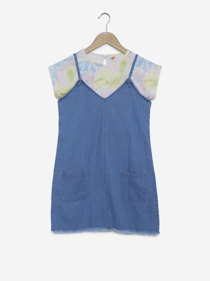 Y&F Kids Blue Denim Pinafore And T-Shirt Set