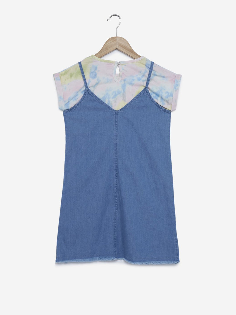 Y&F Kids Blue Denim Pinafore And T-Shirt Set