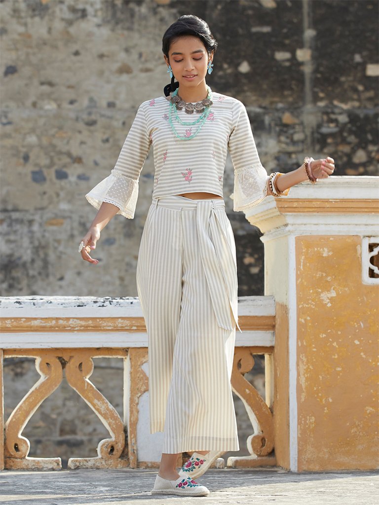 Bombay Paisley Off White Striped Belted Palazzos