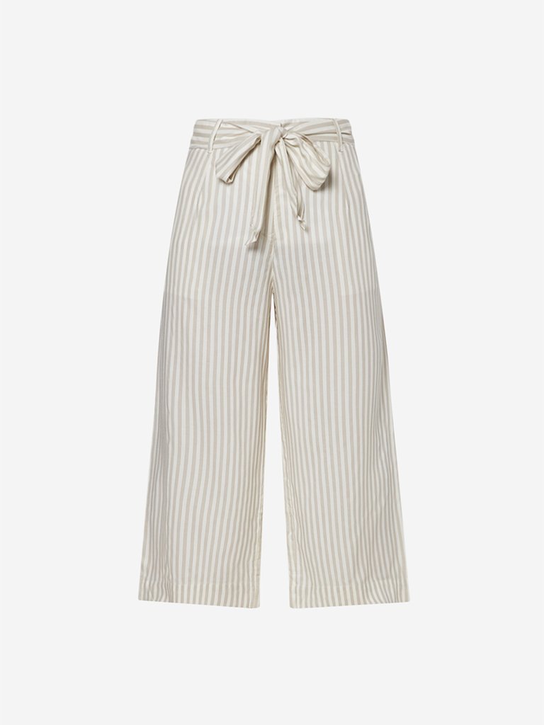 Bombay Paisley Off White Striped Belted Palazzos
