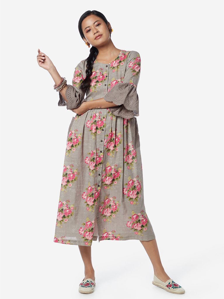 Bombay Paisley Taupe Floral Fit-And-Flare Dress