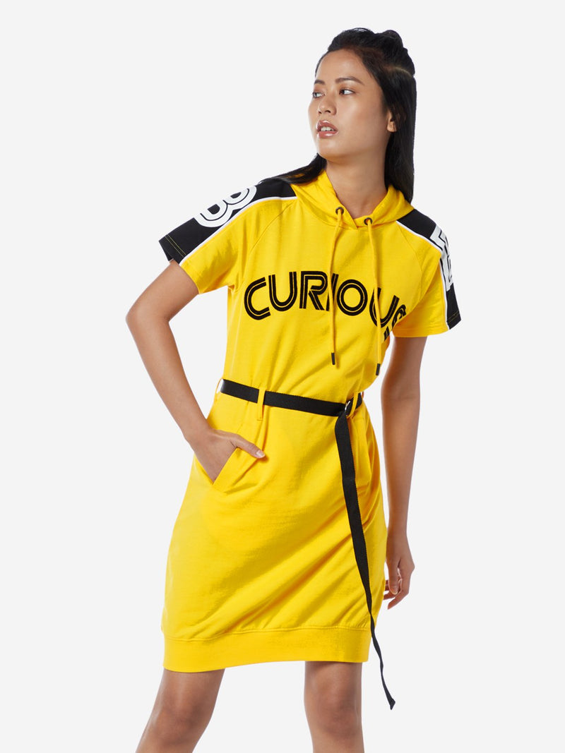 Studiofit Yellow Printed Hooded Dress With Belt