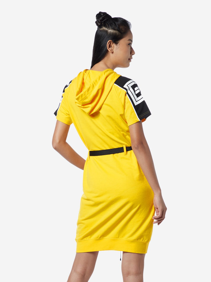 Studiofit Yellow Printed Hooded Dress With Belt