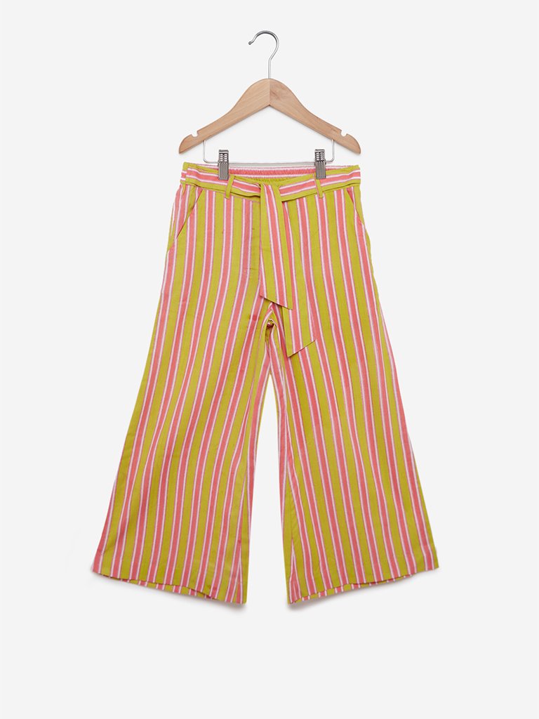 Utsa Kids Lime Striped Belted Palazzos