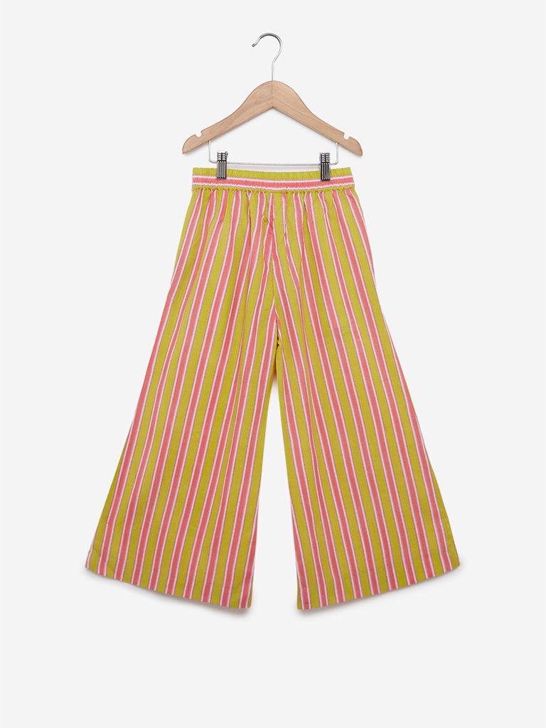 Utsa Kids Lime Striped Belted Palazzos