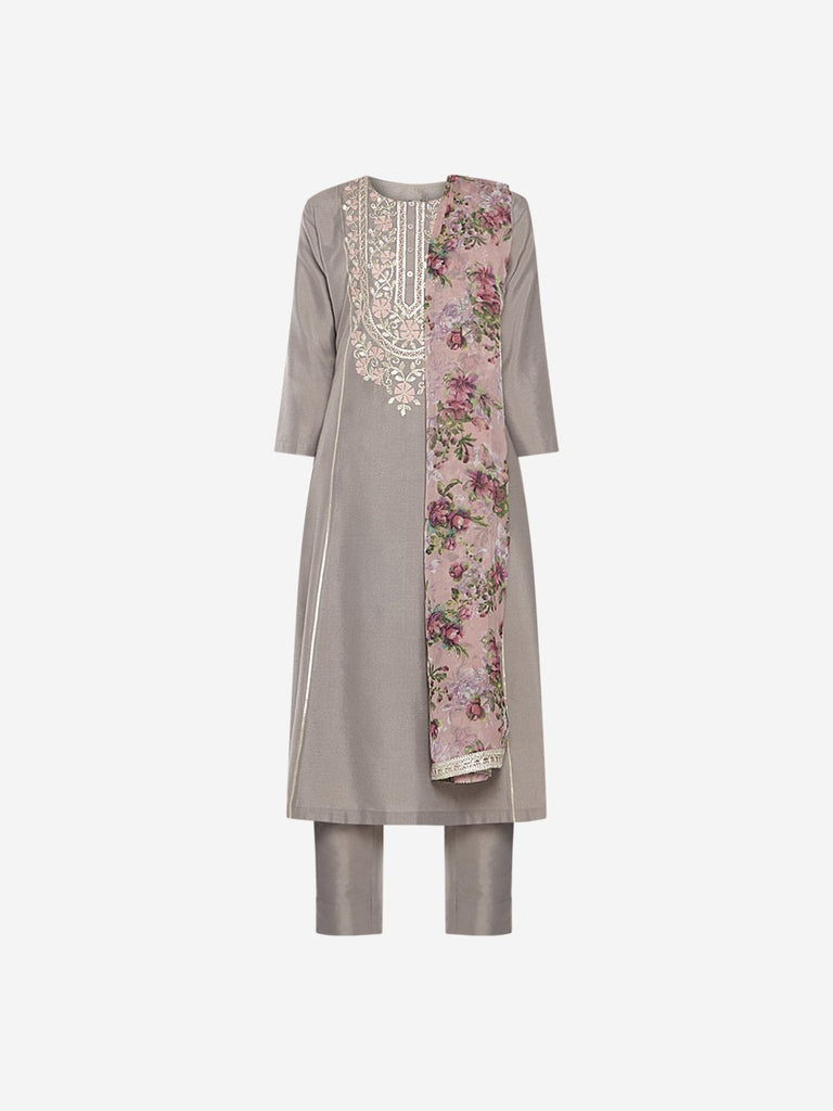 Vark Taupe A-line Kurta And Palazzos Set