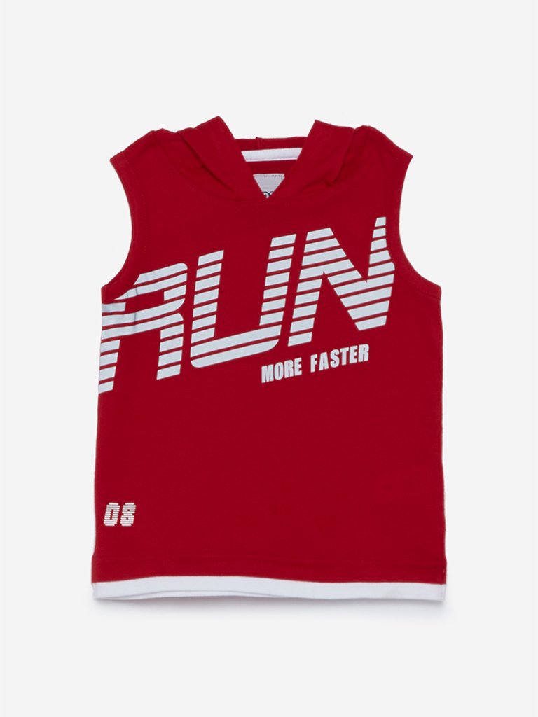 HOP Kids Red Printed Hooded Tank T-Shirt