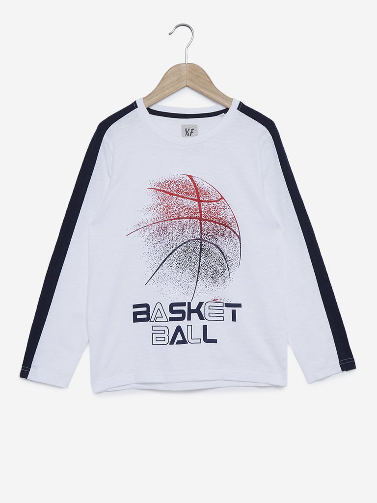 Y&F Kids White Basketball Print T-Shirt