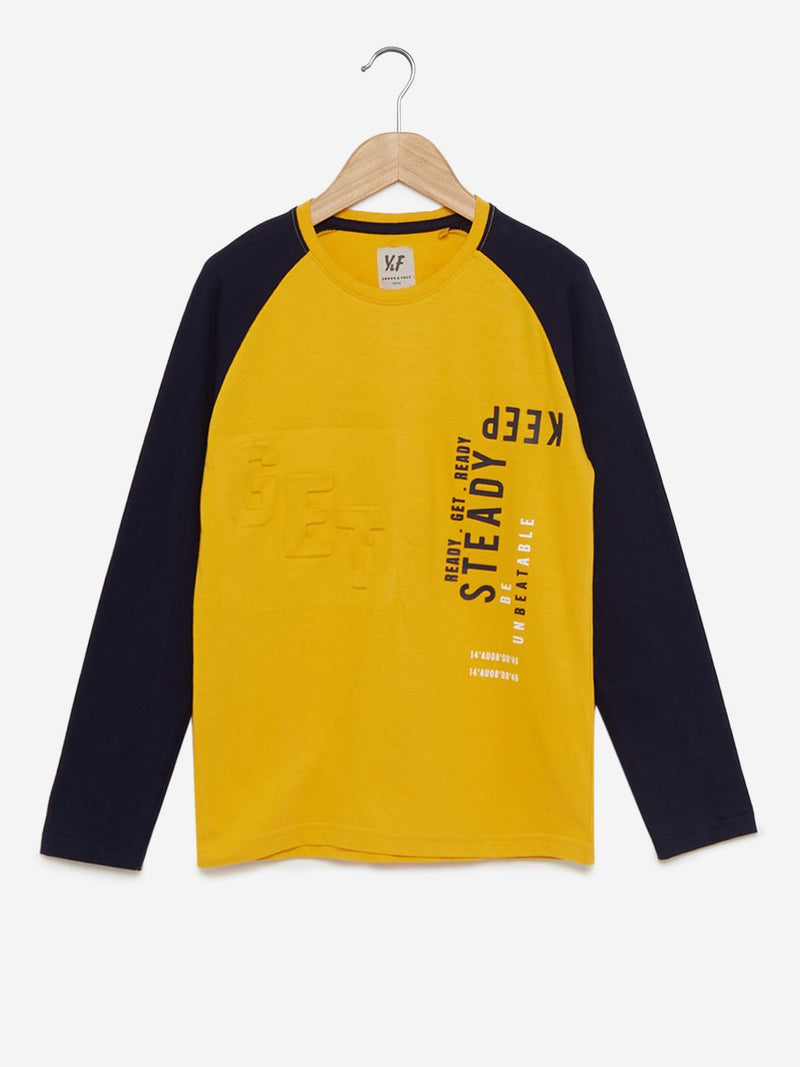Y&F Kids Mustard Text Printed Cotton T-Shirt